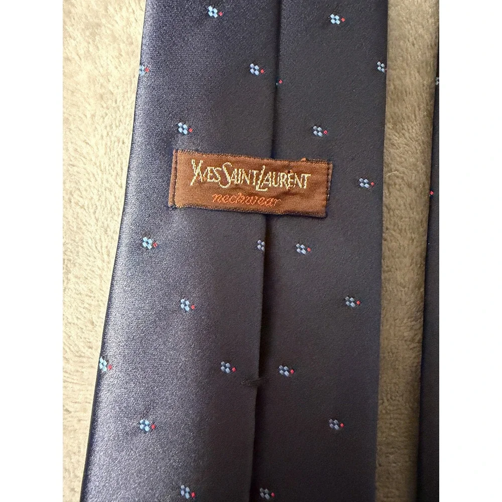 VTG Yves Saint Laurent Neckwear Tie Blue Red YSL Monogram Logo GeometricPattern